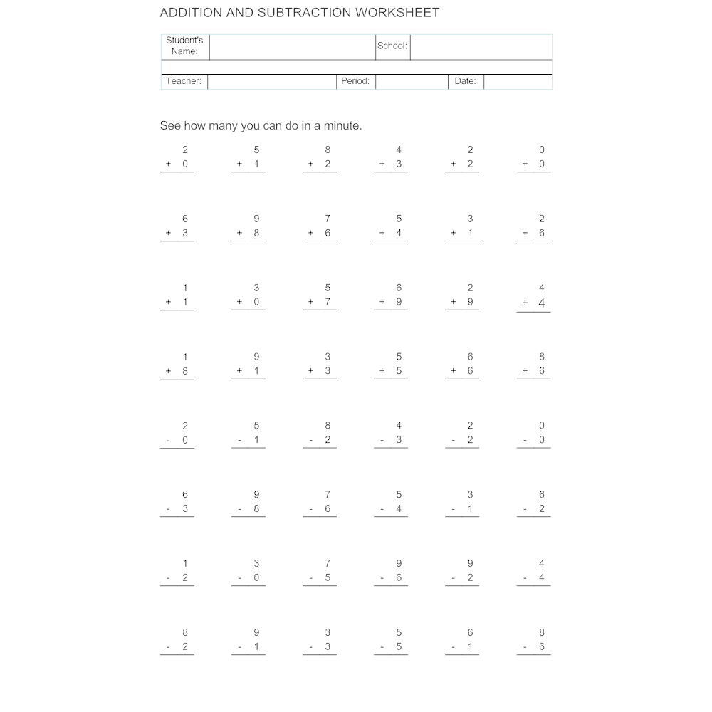 Example Image: Math Worksheet - Addition & Subtraction