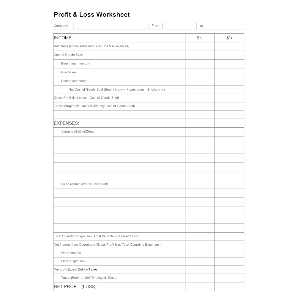 Example Image: Profit & Loss Worksheet