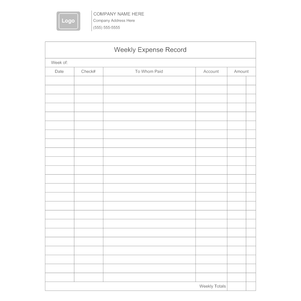 Example Image: Weekly Expense Record Form